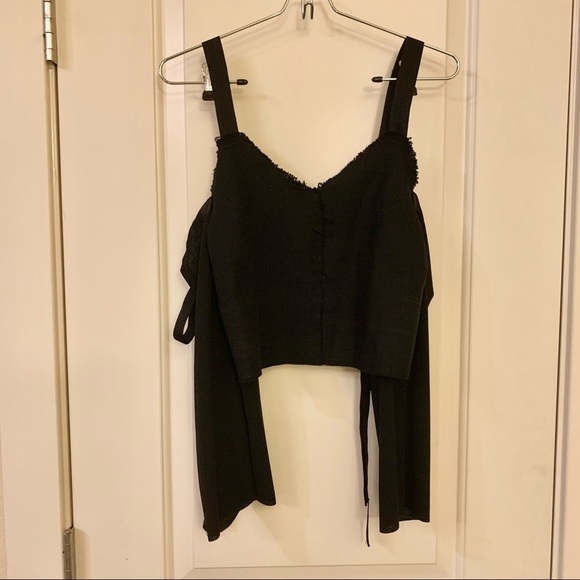 ZARA Black Off Cold Shoulder Raw Hem Top - Picture 4 of 9